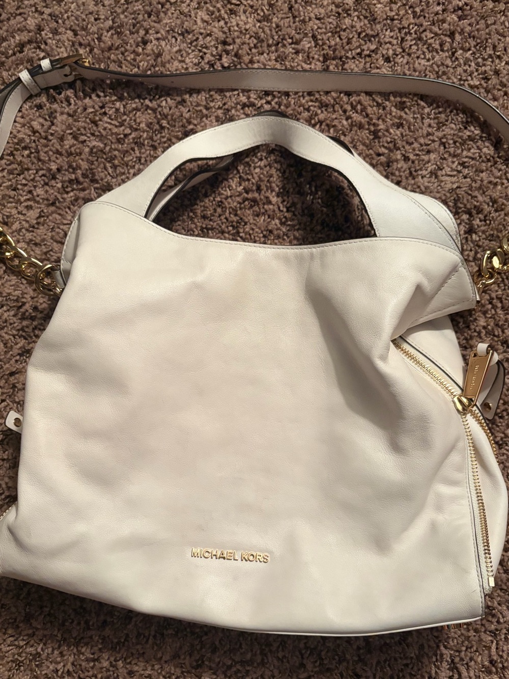 Michael Kors Cream Leather Shoulder Hobo with Gold Accents